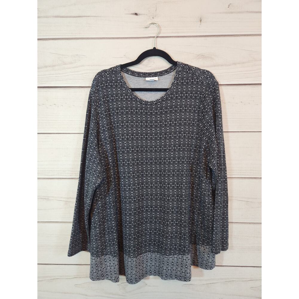 J. Jill Women Black Gray Geometric Stretch Round Neck Long Sleeve Tunic Top 2X